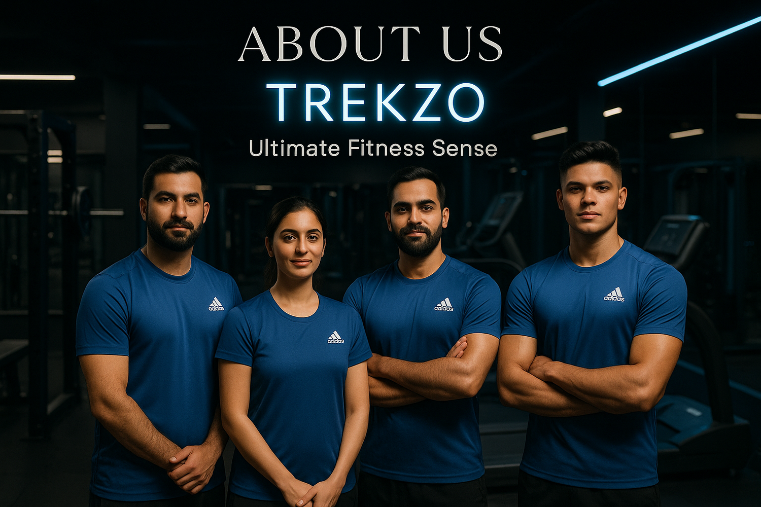 A professional team of fitness professionals in blue athletic wear with Adidas logos in a modern gym, with "ABOUT US" and "Trekzo - Ultimate Fitness Sense" at the top, where "Trekzo" is highlighted with a bright blue glow effect