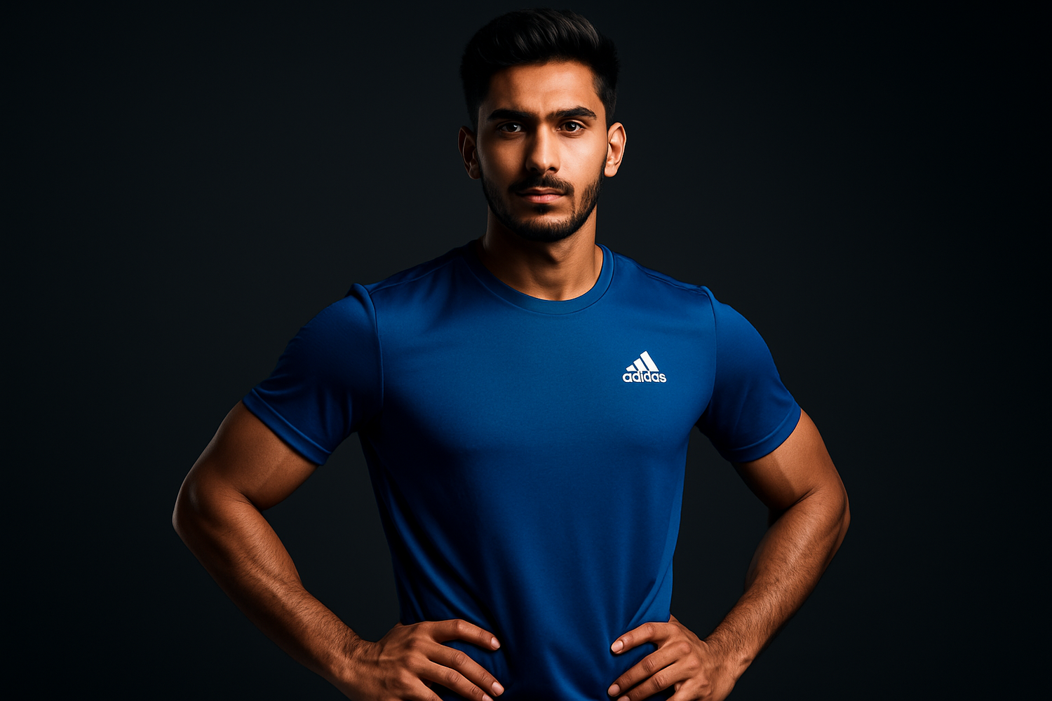 A young Pakistani male athlete in a confident pose facing the camera, wearing a half-sleeve Adidas shirt in blue color against a dark premium background