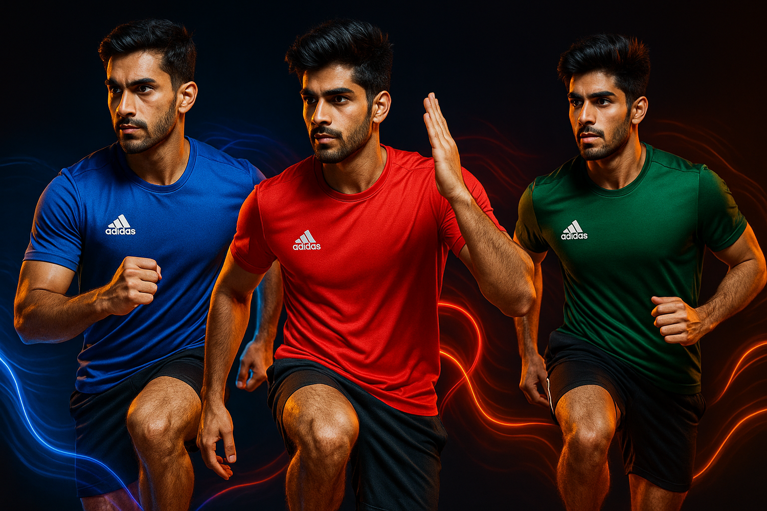 Multiple young Pakistani athletes in dynamic action poses with vibrant neon lighting effects, wearing different colored Adidas athletic shirts against a dark background